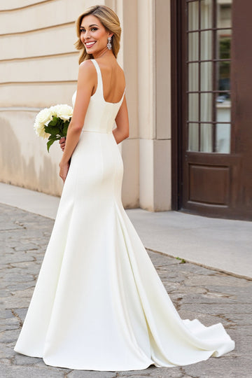 Simple Ivory Mermaid Square Neck Satin Wedding Dress